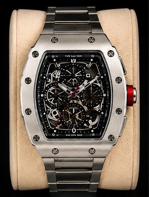 Premium Silver Skeleton Chronograph Watch โ First Copy
